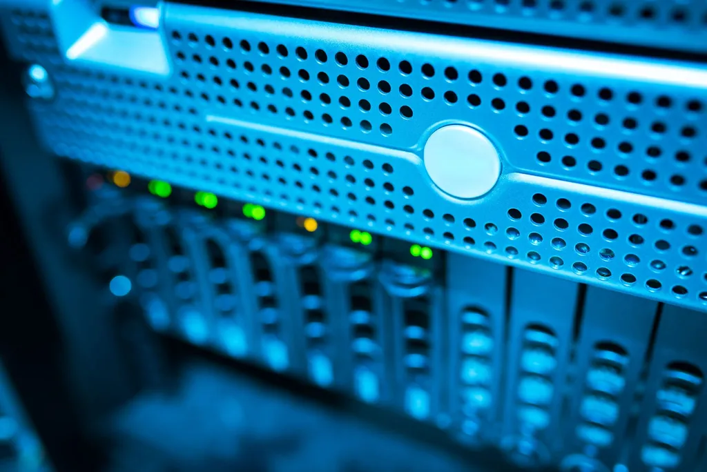 Close-up of a rack-mounted server with status lights